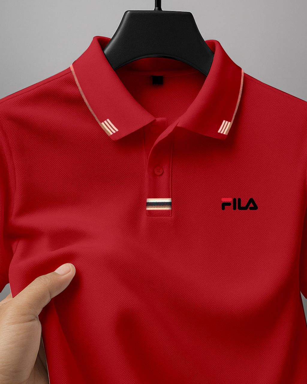 T6 Premium Fiery Red FILA Polo with Striped Collar Detailing - Image 1