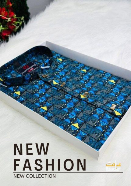 Premium Azure Deep Blue and Golden Geometric Pattern Shirt